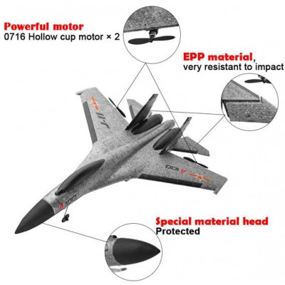 SU-27 RC letadlo s 3D stabilizací a ovládanou výškovkou, 335mm, RTF, šedá