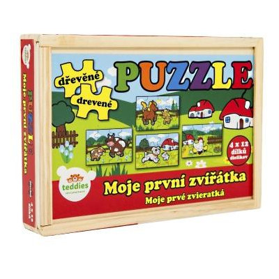 Puzzle drevené Moje prvé zvieratká 4x12 dielikov 20x14x3,5cm v drevenej krabičke od 24 mesiacov MPZ