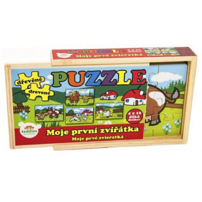 Puzzle drevené Moje prvé zvieratká 4x12 dielikov 20x14x3,5cm v drevenej krabičke od 24 mesiacov MPZ