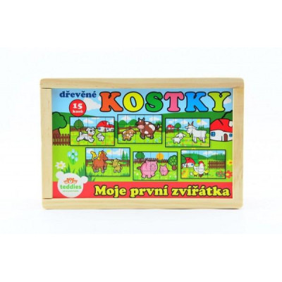 Kocky kubus Moje prvé zvieratká drevo 15 ks v drevenej krabičke 20x13x5,2cm MPZ