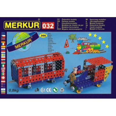 Stavebnica MERKUR 032 železničné modely 10 modelov 300ks v krabici 36x27x3cm