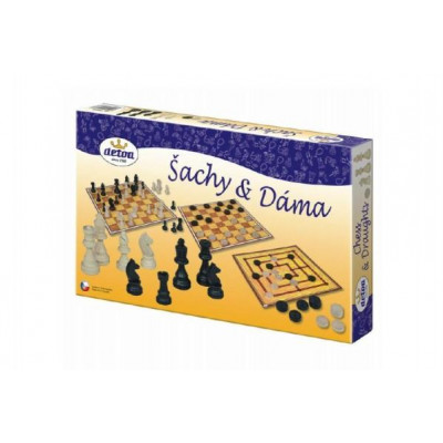 Šach a dáma drevené figúrky a kameny spoločenská hra v krabici 35x23x4cm
