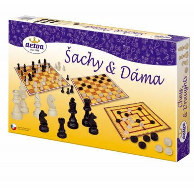 Šach a dáma drevené figúrky a kameny spoločenská hra v krabici 35x23x4cm