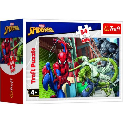 Minipuzzle 54 dielikov Spidermanův čas 4 druhy v krabičke 9x6,5x4cm 40ks v boxe