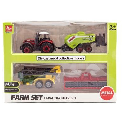 Sada farma traktor s príslušenstvom 4ks kov / plast mix druhov v krabici 21x15x6cm