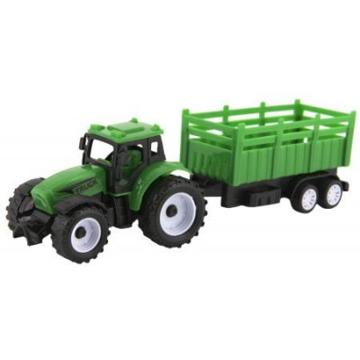 Traktor s vlekom plast 21cm na voľný chod 2 farby v krabičke 23x9x6cm