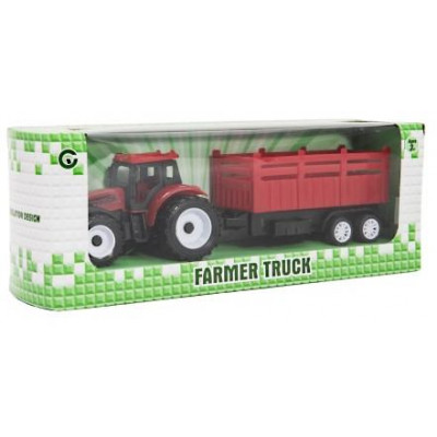 Traktor s vlekom plast 21cm na voľný chod 2 farby v krabičke 23x9x6cm