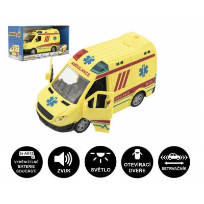 Auto ambulancie plast 20cm na zotrvačník na batérie so zvukom sa svetlom v krabici 26x15x12cm