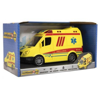 Auto ambulancie plast 20cm na zotrvačník na batérie so zvukom sa svetlom v krabici 26x15x12cm