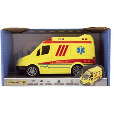 Auto ambulancie plast 20cm na zotrvačník na batérie so zvukom sa svetlom v krabici 26x15x12cm