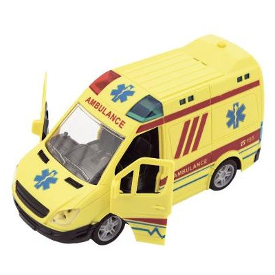 Auto ambulancie plast 20cm na zotrvačník na batérie so zvukom sa svetlom v krabici 26x15x12cm