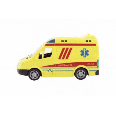 Auto ambulancie plast 20cm na zotrvačník na batérie so zvukom sa svetlom v krabici 26x15x12cm