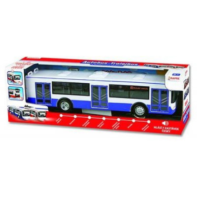 Autobus česky hovoriaci plast 28cm modrý voľný chod na bat. so svetom so zvukom v krab. 33x11x10cm