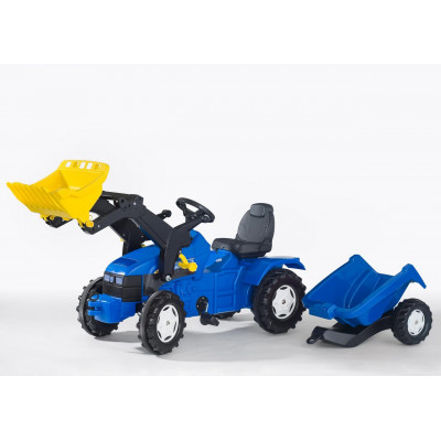 Šliapací traktor Farmtrac modrý s nakladačom a vlekom