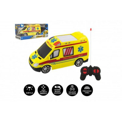 Auto RC ambulancie plast 20cm na diaľkové ovládanie 27MHz na batérie so svetlom v krabici 28x13x11cm