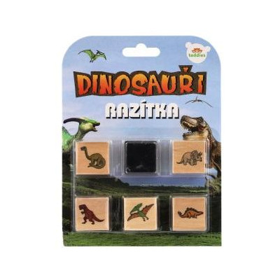 Pečiatky drevené 5+1 s poduškou dinosaury 3x3cm na karte