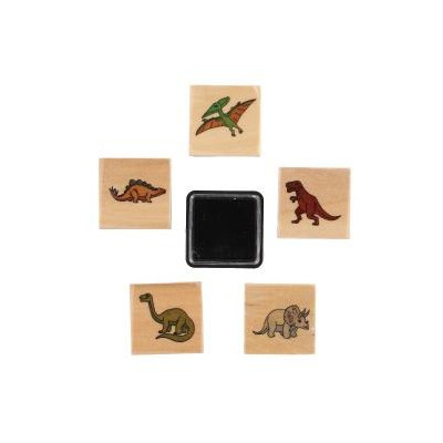 Pečiatky drevené 5+1 s poduškou dinosaury 3x3cm na karte