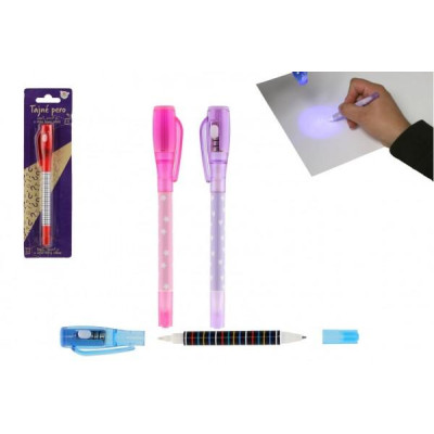 Tajné pero s neviditeľným atramentom a ÚV svetlom + pera plast 15cm na batérie 4 farby na karte