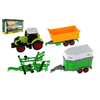 Traktor s vlekom 3ks plast 19cm na zotrvačník v krabici 45x26x10cm