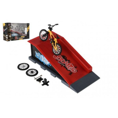 Skatepark - bicykel prstový skrutkovací s rampou plast 10cm s doplnkami 3 farby v krabici 28x18x11cm