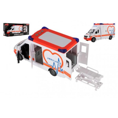 Auto ambulancia plast 28cm s lehátkom na zotrvačník so svetlom so zvukom v krabici 39x18x12cm