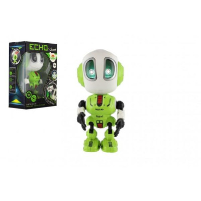 Robot ECHO opakujúce vety kovový 12cm zelený na batérie so zvukom, svetlom v krabičke 10,5x15x5,5cm