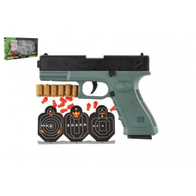 Pištoľ Glock na penové náboje plast 19cm + terče 3ks, náboje 6ks v krabici 34x18x4,5cm